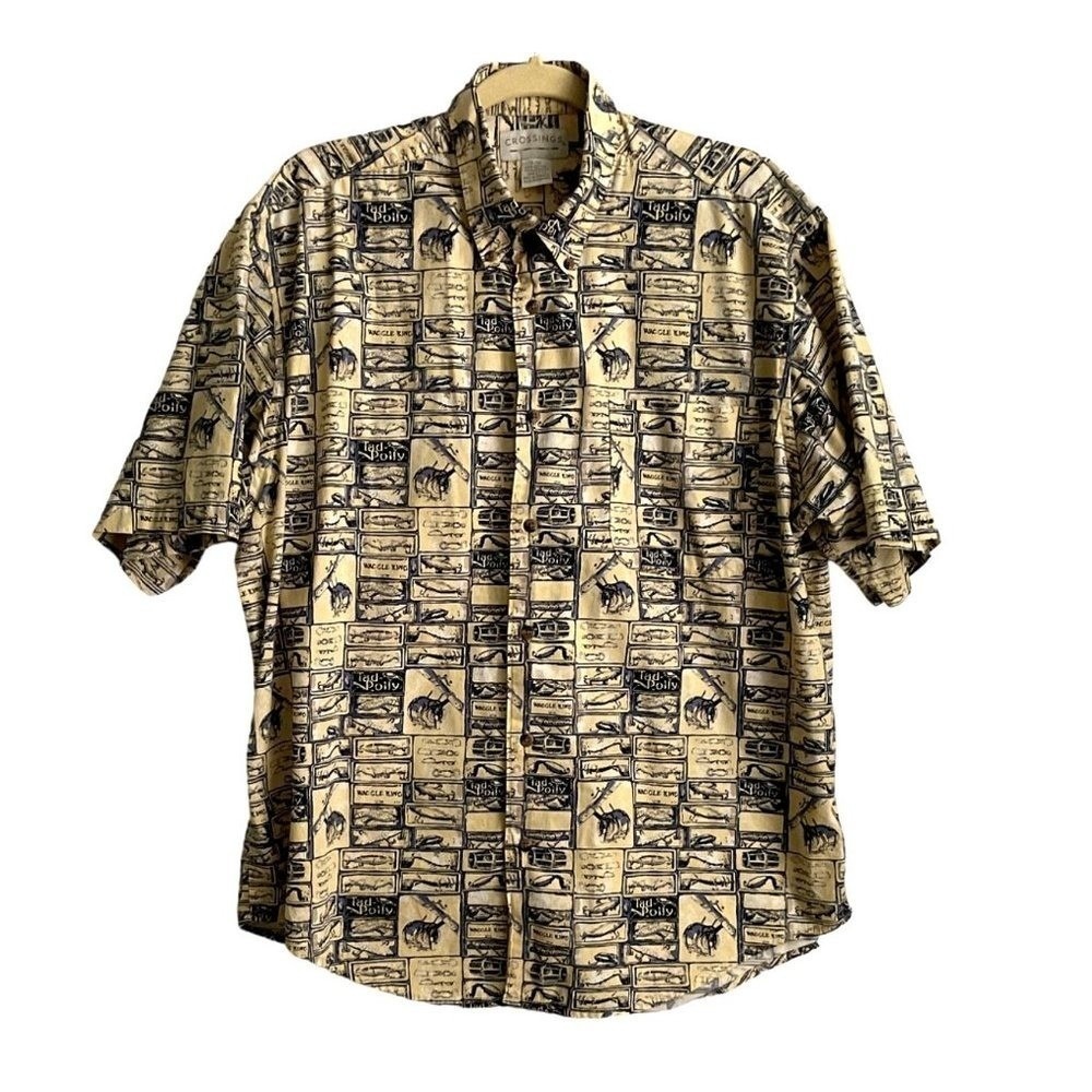 Crossings Mens L Casual Short Sleeve Button Down‎ Shirt Fish Design Rn 37763